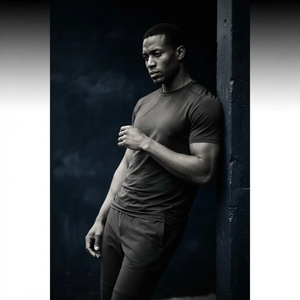 Editorial portrait of a GIFTECH athlete against a dark navy backdrop
