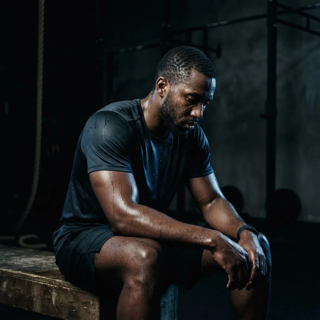 GIFTECH athlete at rest after training, lit dramatically against a dark background