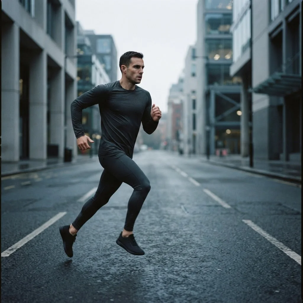 Runner on an empty urban road at dawn wearing GIFTECH performance apparel
