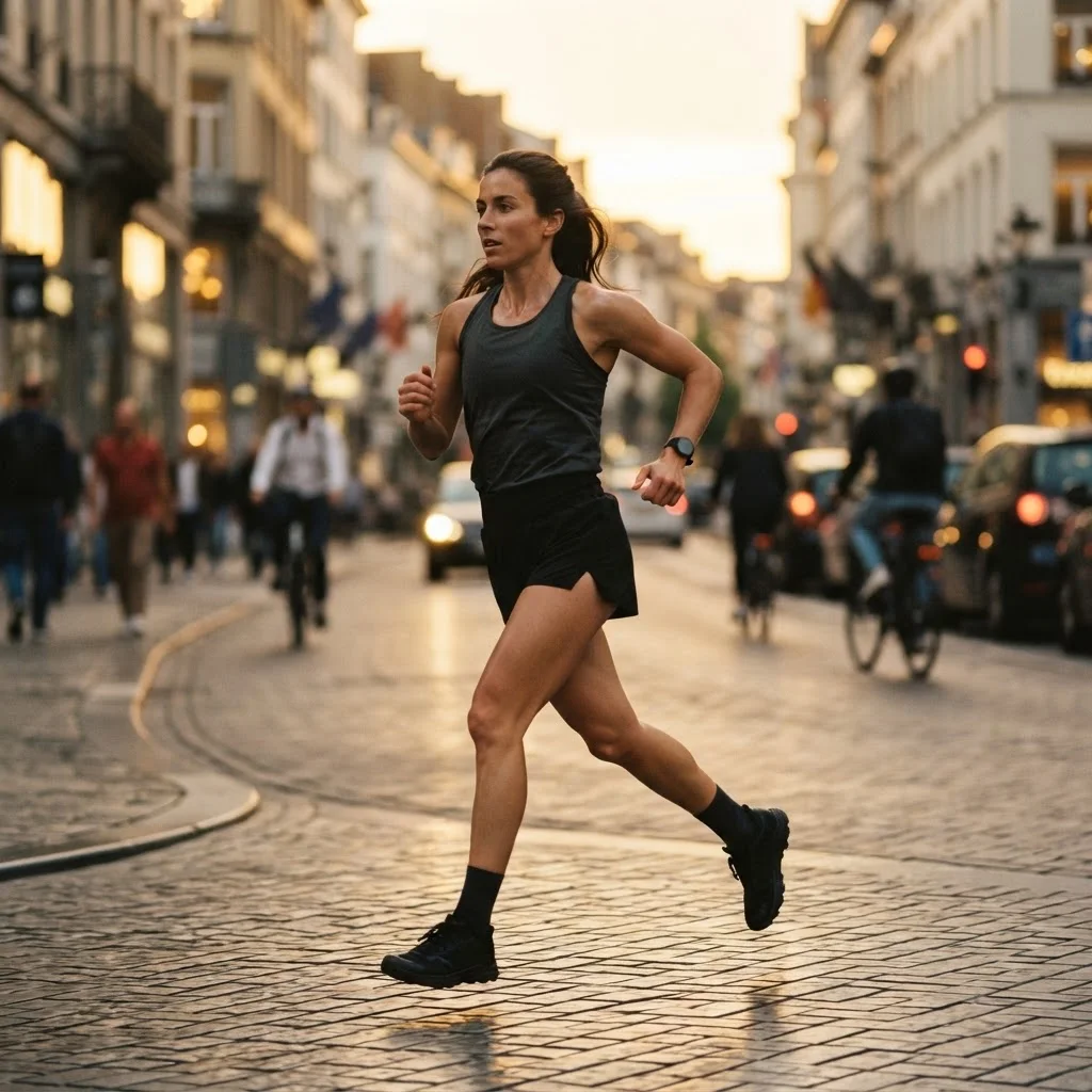 GIFTECH runner in motion on a city street at golden hour