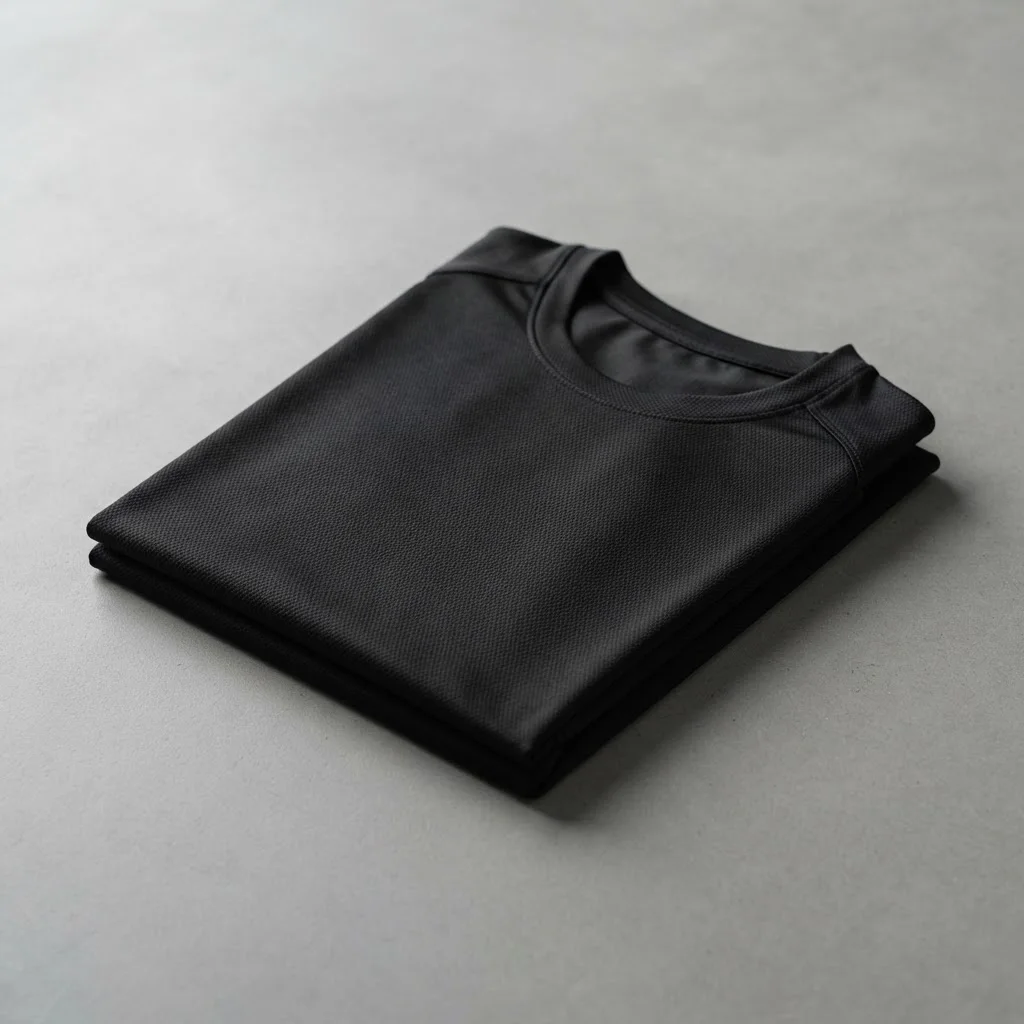 Close-up of the folded black GIFTECH Perform Dry Tee on a neutral surface
